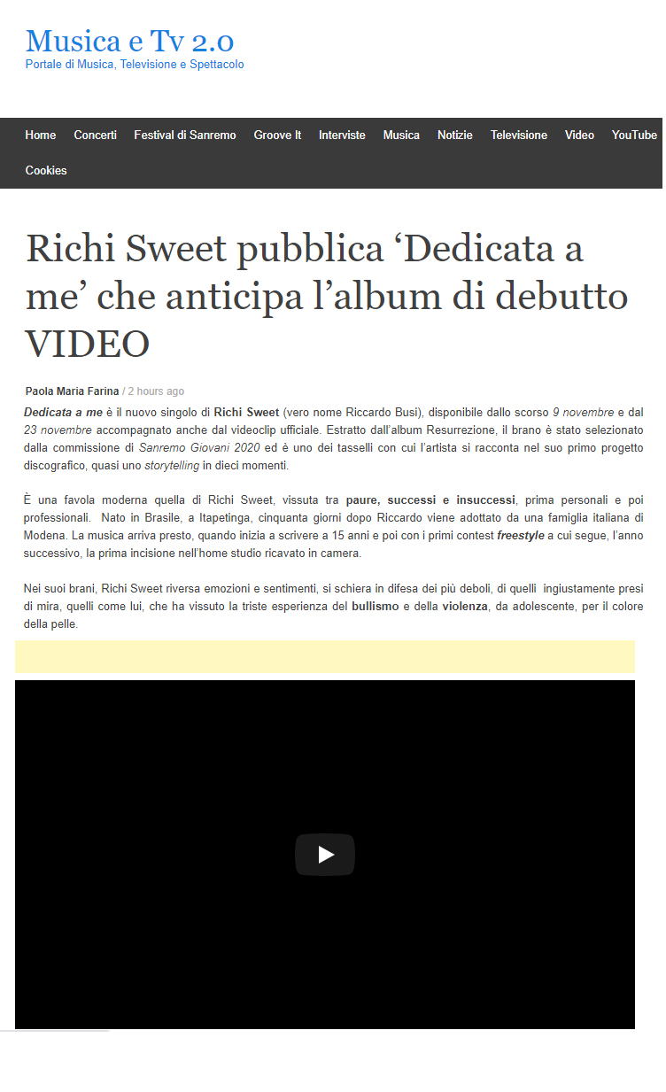 Richi Sweet su Musica e Tv 2.0  (25-11-2020)
